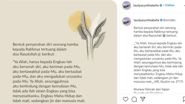 Unggahan Laudya Cynthia Bella soal berserah diri kepada Tuhan (Instagram)