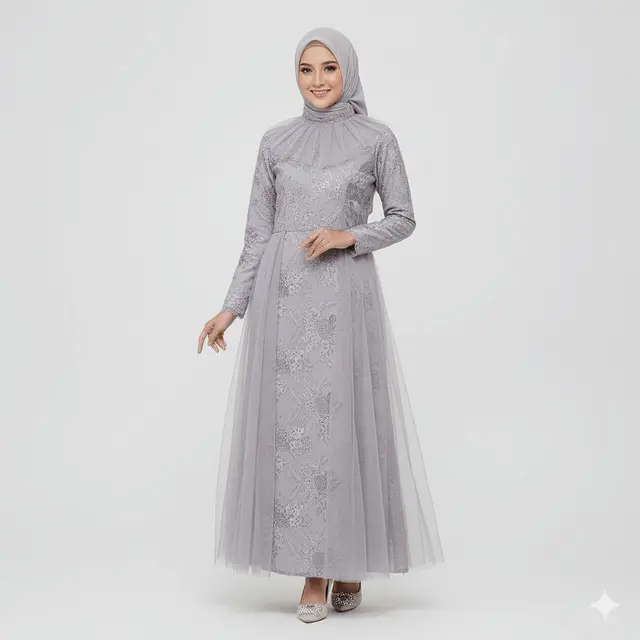 Gamis Batik Kombinasi Tule Brokat Warna Soft untuk Acara Akad. Gemini