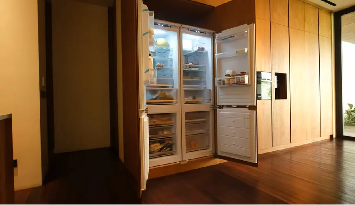 Lemari pendingin dan beberapa peralatan juga ditutup dengan lemari kayu. Lemari ini juga untuk menyimpan beberapa parabot, seperti gelas hingga piring. Rumah pasangan ini juga menyediakan tempat khusus untuk lima kucingnya yang juga menggunakan pendingin ruangan. [Youtube/CikyCitraRezky]