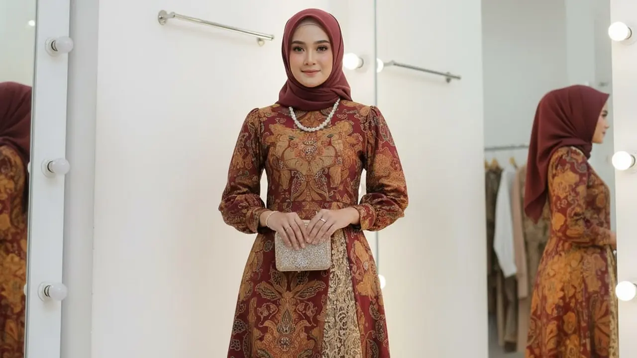 Gamis Brokat dengan Lengan Bishop Warna Maroon