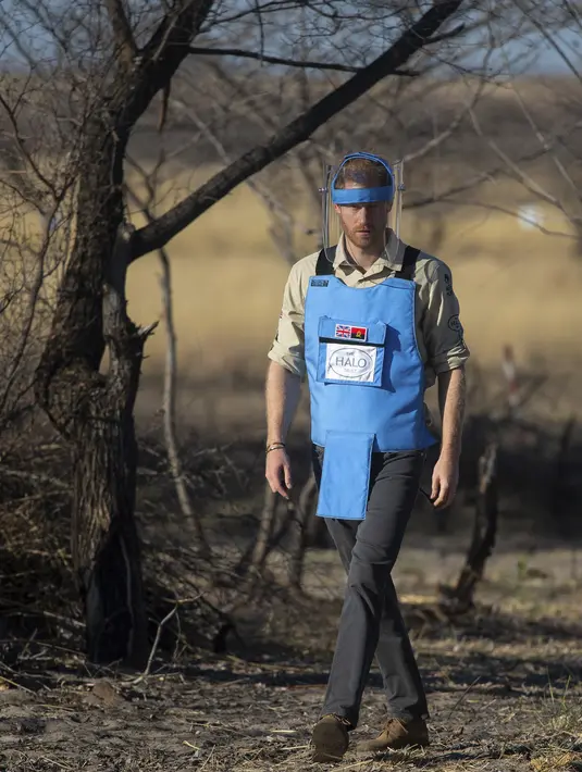 Pangeran Harry mengenakan masker berjalan di tengah-tengah ladang ranjaudi Dirico , Angola, 27 September 2019. (Dominic Lipinski/Pool via AP)