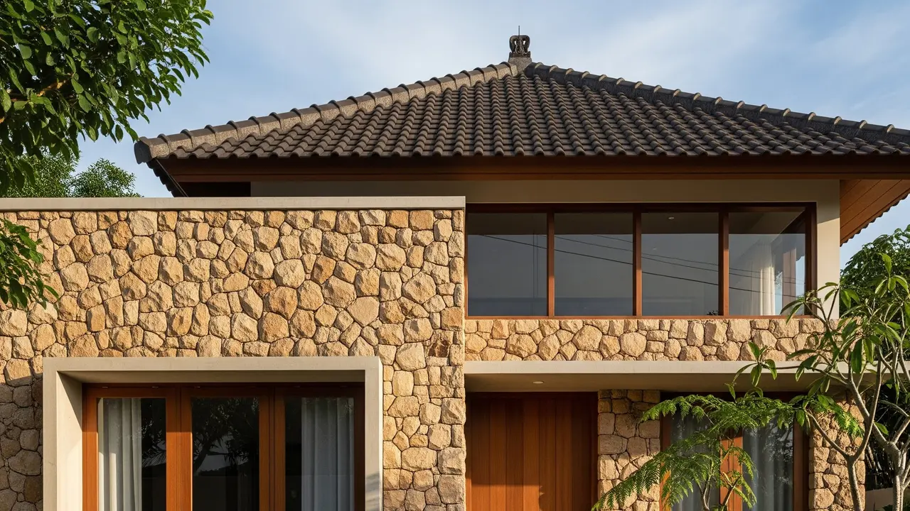 Model Rumah Minimalis Batu Alam Tampak Depan (Image by Gemini AI)