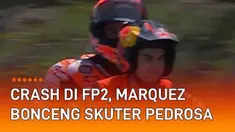 Momen unik terekam kamera saat latihan bebas ke-2 MotoGP Spanyol (29/4/2022). Marc Marquez membonceng motor skuter tim KTM yang dikendarai Dani Pedrosa untuk menuju ke pit. Momen itu terjadi usai MM93 crash kedua kalinya karena terpeleset di tikungan...