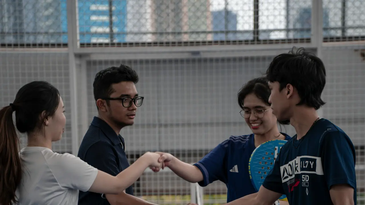 Ilustrasi anak muda mengikuti tren social fitness melalui aktivitas padel bersama teman.