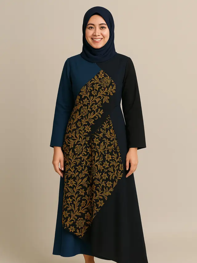 Dress Batik Kombinasi Kain Polos Warna Biru dan Hitam Modern/Ilustrasi AI