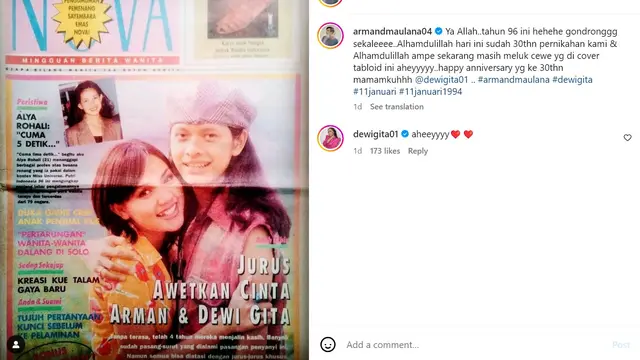 Armand Maulana unggah potretnya bersama Dewi Gita saat menjadi cover tabloid diperayaan wedding anniversary. [Foto: Instagram/armandmaulana04]