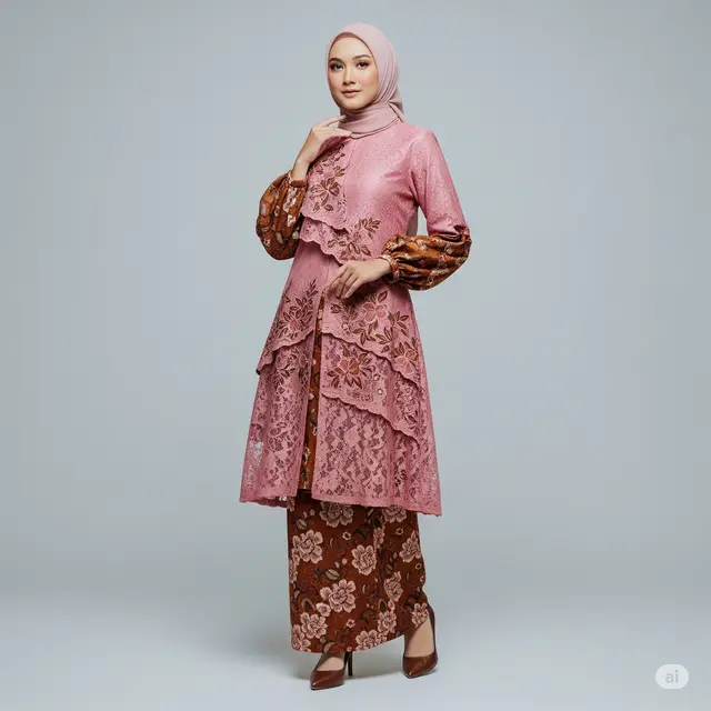 Inspirasi Dress Batik Brokat Tumpuk Dua Motif.
