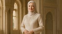 Gamis Embos untuk Kondangan Ibu-Ibu Usia 50 Tahunan (created by AI)