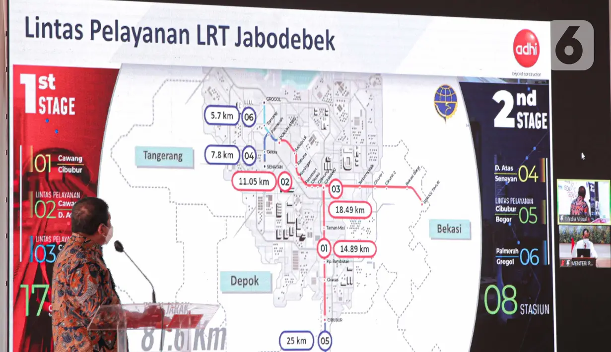 Direktur Utama PT Adhi Karya Entus Asnawi Mukhson saat seremoni penyambungan jembatan bentang panjang dengan struktur lintasan U-Shape Girder di LRT Dukuh Atas, Jakarta, Rabu (11/11/2020). Total panjangnya 44 kilometer dan sudah terpasang U-Shaped Girder. (Liputan6.com/Faizal Fanani)