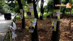Poster Caleg juga masih menempel di beberapa pohon yang ada di sekitar Universitas Pancasila (Liputan6.com/Helmi Fithriansyah) 