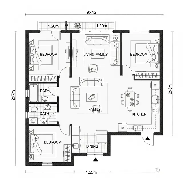 Inspirasi Desain Rumah 9x12 3 Kamar Tidur Sederhana. Gemini