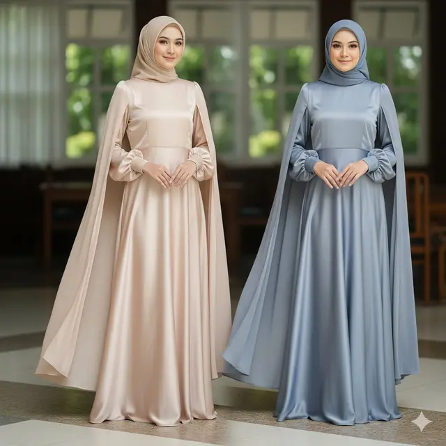Dress Satin Cape dengan Lengan Balon