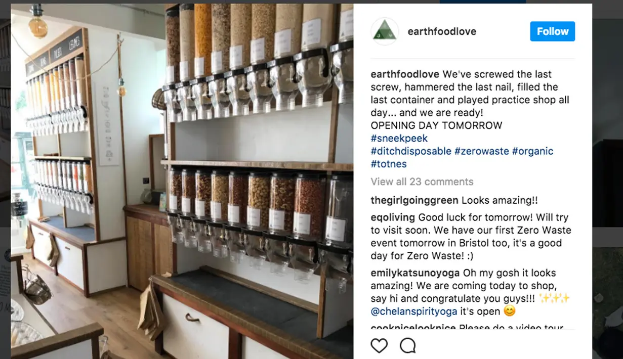 Salah satu sudut toko milik ramah lingkungan milik Richard Eckersley di Devon, Inggris. (bola.com/Instagram Earthfoodlove)