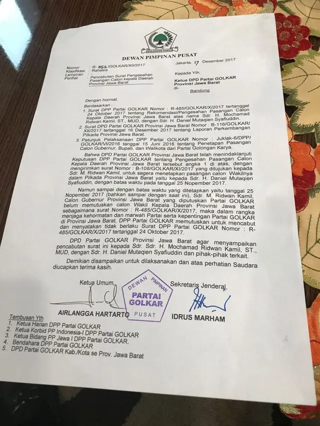 Surat Golkar Cabut Dukungan untuk Ridwan Kamil Sebagai Cagub Jabar 2018