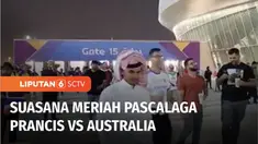 Setelah menundukkan Australia, pendukung Prancis merayakan kemenangan tim kesayangannya di luar Stadion Al Janoub, di Kota Al Wakrah, Qatar. Bagaimana keseruan perayaan kemenangan pendukung Prancis, berikut laporannya.