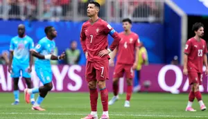Cristiano Ronaldo dari Portugal bereaksi selama pertandingan Grup K Piala Dunia antara Portugal dan Kongo di Houston, Kamis, 18 Juni 2026. (AP Photo/Ashley Landis)