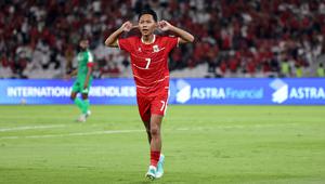 Pemain Timnas Indonesia, Beckham Putra merayakan gol ke gawang St Kitts and Nevis dalam laga semifinal FIFA Series 2026 di Stadion Utama Gelora Bung Karno (SUGBK), Senayan, Jakarta, Jumat (27/03/2026). (Bola.com/Abdul Aziz)