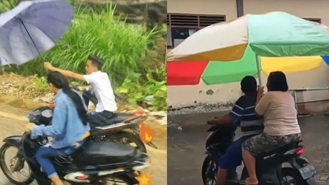 6 Aksi Kocak Orang Naik Motor Bawa Payung Ini Jadi Pusat Perhatian
