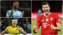 Penyerang Bayern Munchen, Robert Lewandowski, terus memuncaki daftar top skor sementara Liga Champions 2019/2020 usai menyumbangkan satu gol saat Bayern Munchen membatai Barcelona 8-2 di laga perempat final. Berikut top skor sementara Liga Champions musim ini. (kolase foto AFP)