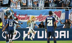 Selebrasi Lionel Messi ketika Argentina melawan Tanjung Verde di Piala Dunia 2026 (AFP)