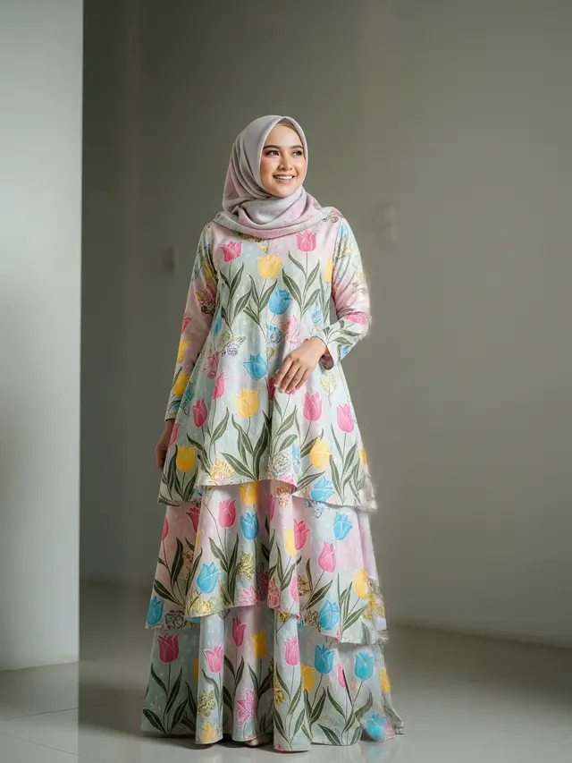 Gamis Batik Layering Motif Bunga Tulip Pastel