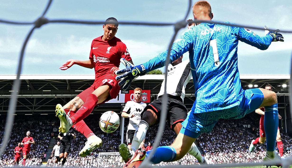 Darwin Nunez tampil menawan saat laga debutnya bersama Liverpool di Liga Inggris pada 6 Agustus 2022. Ia berhasil mencetak satu gol dan satu assist ke gawang Fulham. Sayangnya, The Reds hanya puas bermain imbang 2-2. (AFP/Justin Tallis)