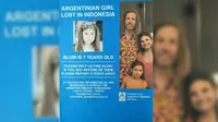 Poster missing person, gadis cilik Argentina yang dilaporkan hilang di Indonesia (sumber: Kedutaan Argentina di Indonesia)