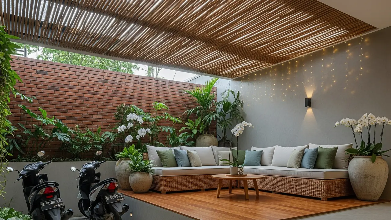 Desain Teras Rumah untuk Dua Motor dan Tempat Duduk Santai Sekaligus (Image by Gemini AI)