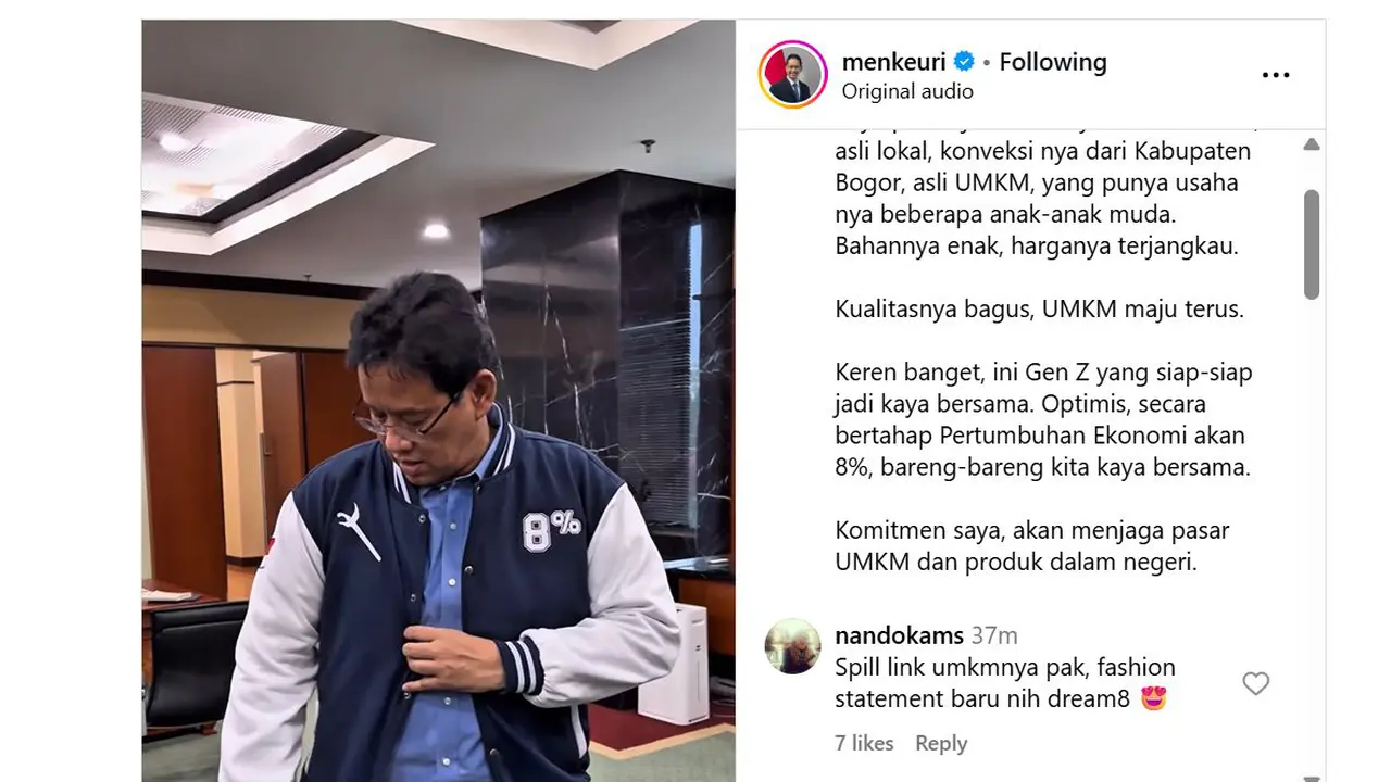 Unggahan instagaram Menteri Keuangan Purbaya Yudhi Sadewa @menkeuri pada 19 November 2025.