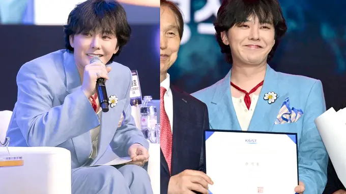 Gaya Playful G-Dragon dengan Blue Suit dan Sepatu Merah saat Terima Sertifikat Profesor