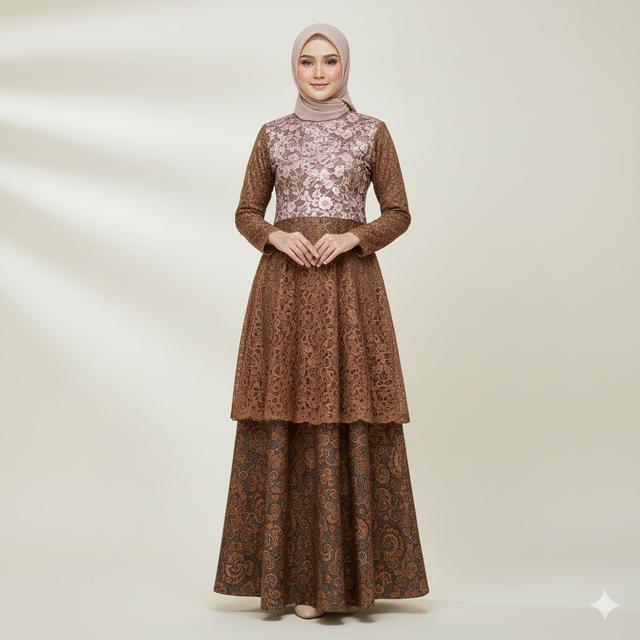 Gamis Batik Motif Kecil dengan Brokat Minimalis (Gemini AI)