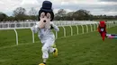 Seorang peserta mengenakan kostum karakter kartun Goofy memenangkan Piala Mascot Gold tahunan ke-13 di Wetherby Racecourse, Inggirs (29/4). Acara lomba lari dengan mengenakan kostum badut ini digelar setiap tahun. (AFP/Oli Scarff)