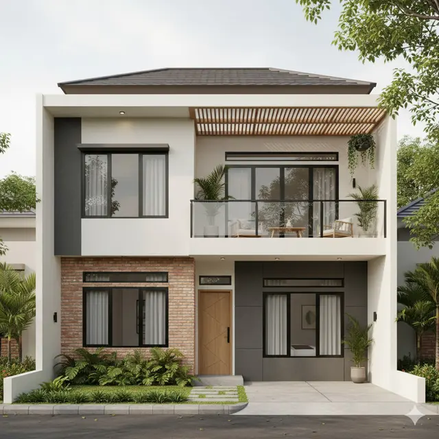 Model Rumah 6x12 Atap Datar dengan Balkon Atas