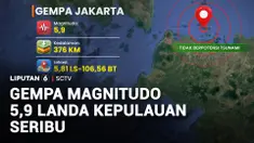 Gempa bumi bermagnitudo 5,9 yang baru saja mengguncang Jakarta pagi ini tepatnya pada pukul 04.23 WIB. Pusat gempa berada di 6 kilometer Tenggara Kepulauan Seribu.