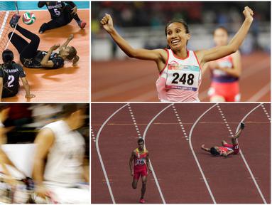 Momen Pilihan Asian Para Games 2018 Hari ke-5 diwarnai dengan tersangkutnya kaki pevoli duduk Indonesia. Ada juga beragam momen medali emas dari cabang atletik. (Tim Bola.com)