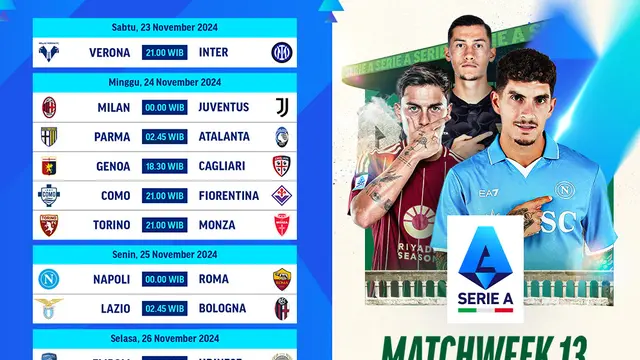 Jadwal Serie A 2024/25 Matchweek 13 di Vidio