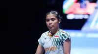 Tunggal putri Indonesia Gregoria Mariska Tunjung kalah dari wakil China Han Yue 15-21 dan 17-21 pada perempat final All England 2025&nbsp; di Utilita Arena Birmingham, Birmingham, Inggris, Sabtu (15/3).&nbsp;(foto: PBSI)