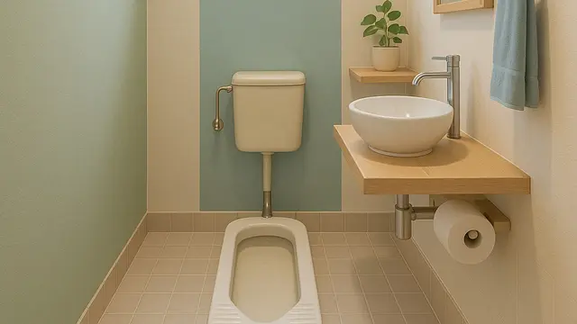 Desain Kamar Mandi 1,5 x 1,5 Meter Kloset Jongkok Gaya Jepang Minimalis/Ilustrasi AI