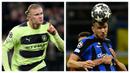 Dalam perjalanan ke final Liga Champions 2022/2023, Manchester City tercatat lebih tajam dengan mencetak total 30 gol berbanding 19 gol milik Inter Milan. Dari total 30 gol, hampir setengahnya dicetak oleh bomber asal Norwegia, Erling Haaland yang hampir dipastikan akan menjadi top skor Liga Champions musim ini. Berikut daftar 8 pemain tertajam dari kedua kubu hingga babak semifinal. (Kolase Foto AFP)