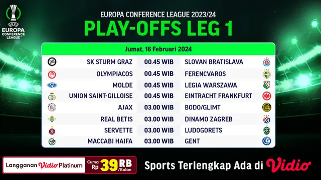 Jadwal Siaran Langsung UEFA Conference League 2023/2024 Playoff 16 Besar di Vidio