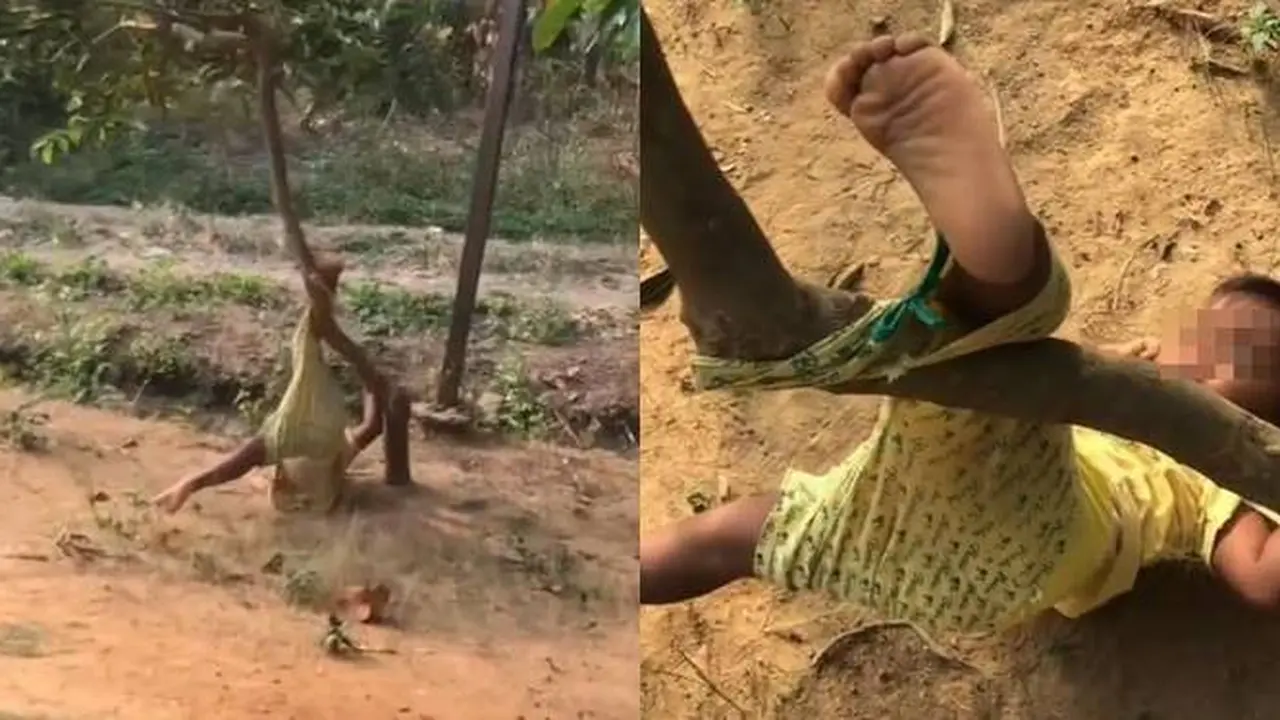 Viral, Momen Bocah Tersangkut di Pohon dengan Posisi Terbalik Ini Kocak