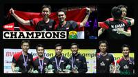 Mohammad Ahsan/Hendra Setiawan meraih gelar juara dunia 2019. (Foto: PBSI, grafis: Wiwig Prayugi))