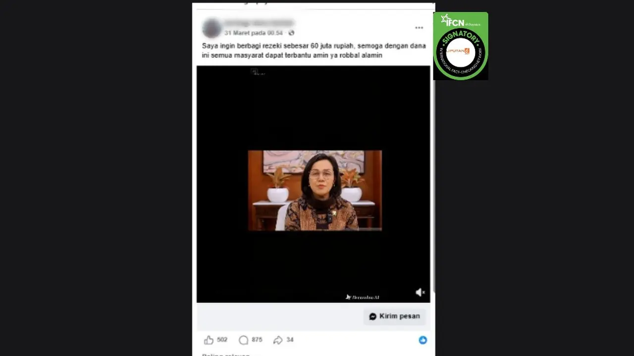 Cek Fakta Liputan6.com mendapati klaim video mantan Menkeu Sri Mulyani berbagi rezeki kepada masyarakat sebesar Rp 60 juta.