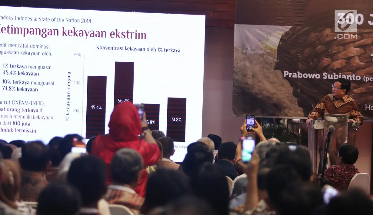 Capres nomor urut 2, Prabowo Subianto saat bedah buku 'Paradoks Indonesia' di Jakarta, Sabtu (22/9). Buku tersebut berisi pandangan strategis mengenai ekonomi kerakyatan sebagai solusi tatanan ekonomi Indonesia dan global. (Liputan6.com/Herman Zakharia)