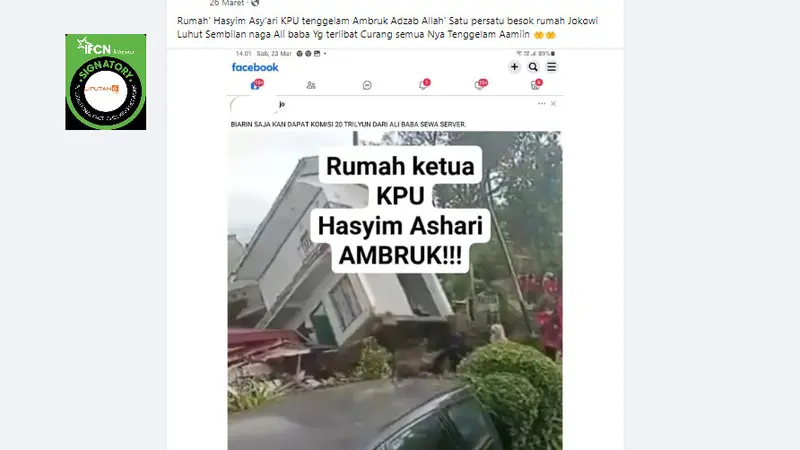 Tangkapan layar klaim foto rumah Ketua KPU Hasyim Asy'ari ambruk.