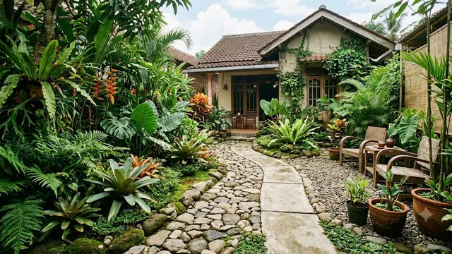 Inspirasi Taman Rumah dengan Nuansa Hutan Tropis sebagai Solusi Halaman Asri dan Estetik Model Jalur Setapak sebagai Akses di Dalam Taman