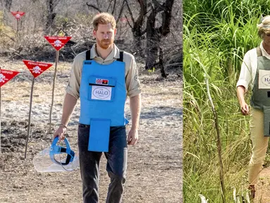 Foto kombinasi mendiang Putri Diana berjalan di ladang ranjau Huambo, Angola, 15 Januari 1997 dan saat putranya Pangeran Harry, mengikuti jejaknya dengan mengunjungi ladang ranjau di Dirico , Angola, 27 September 2019. (AFP Photo/The HALO Trust)