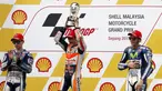 Dani Pedrosa (tengah) menjadi juara MotoGP Malaysia 2015 yang digelar di Sirkuit Sepang, Malaysia, Minggu (25/10/2015). (R/Olivia Harris)
