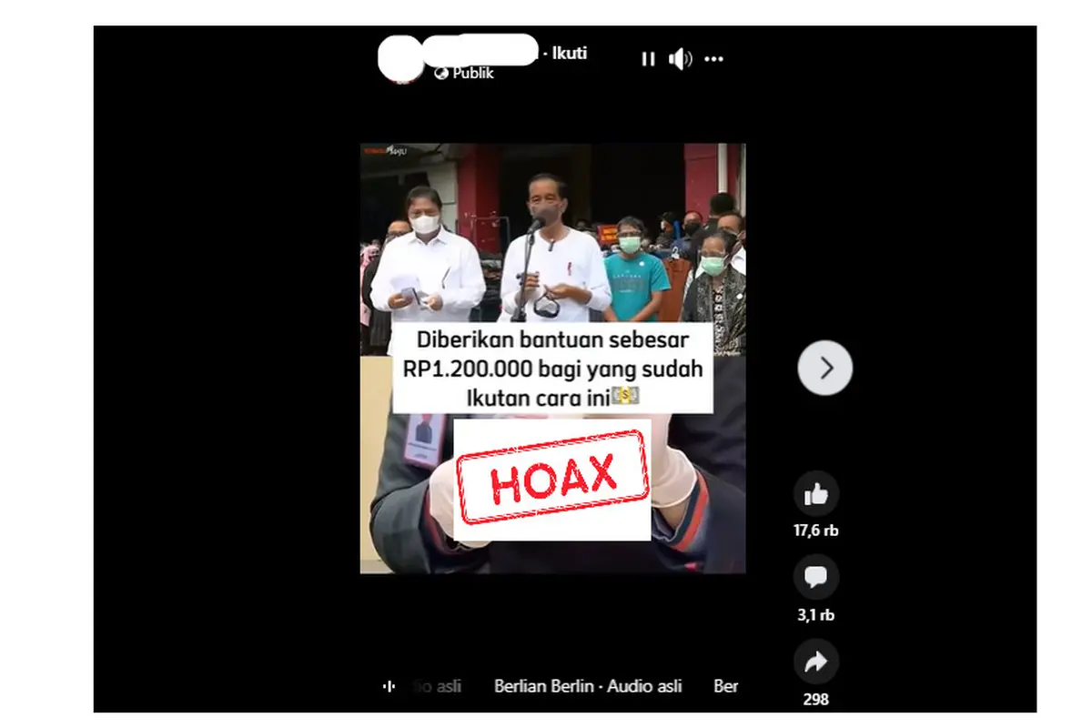 Tangkapan layar hoaks seputar bantuan yang diunggah akun Facebook