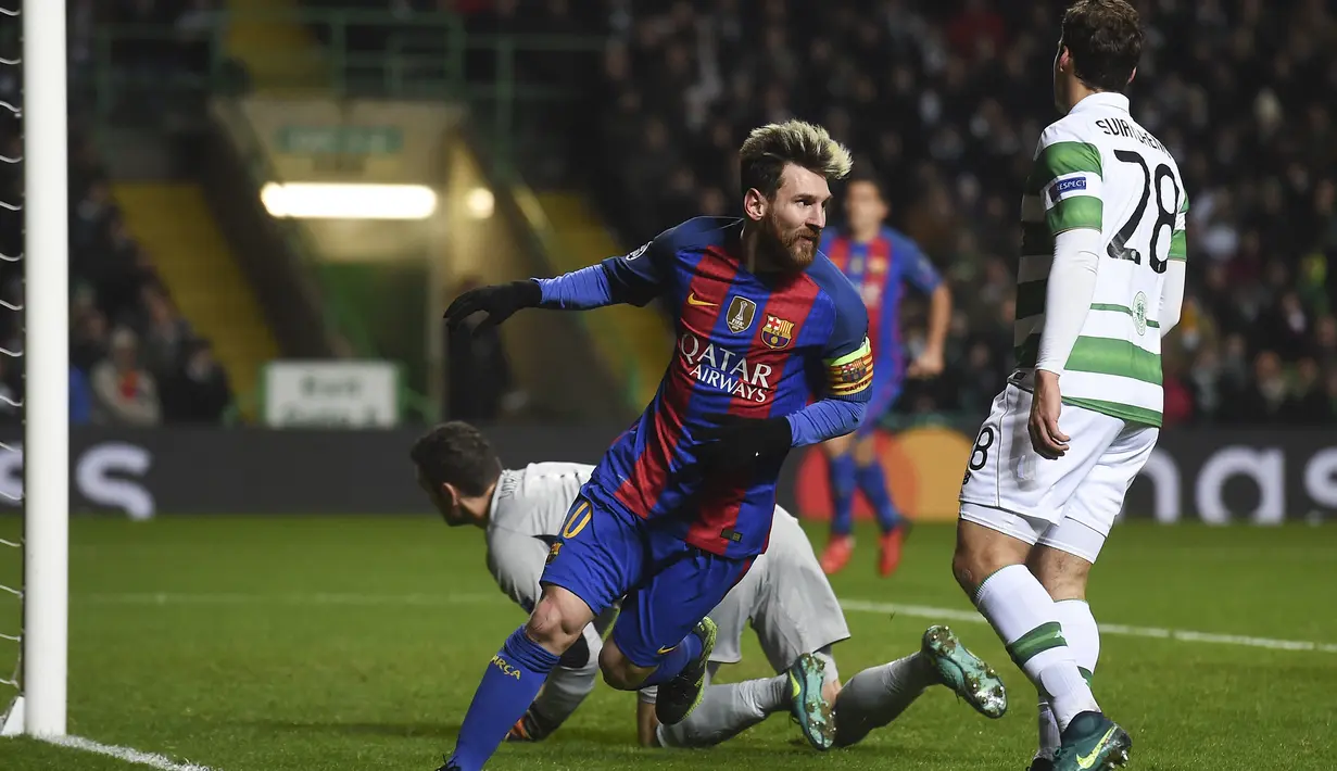 Glasgow Celtic. Gawang Glasgow Celtic tercatat 8 kali dibobol Lionel Messi di ajang Liga Champions. Torehan tersebut didapat dari total 6 laga bersama Barcelona dengan hasil 5 kali menang dan 1 kali kalah. Dua gol terakhir ke gawang Glasgow Celtic dicetaknya pada pertemuan kedua di fase Grup C musim 2016/2017 saat Barcelona menang 2-0 di kandang Celtic, 23 November 2016. Sementara pada pertemuan pertama (13/9/2016) La Pulga sukses mencetak hattrick dalam kemenangan 7-0. (AFP/Paul Ellis)